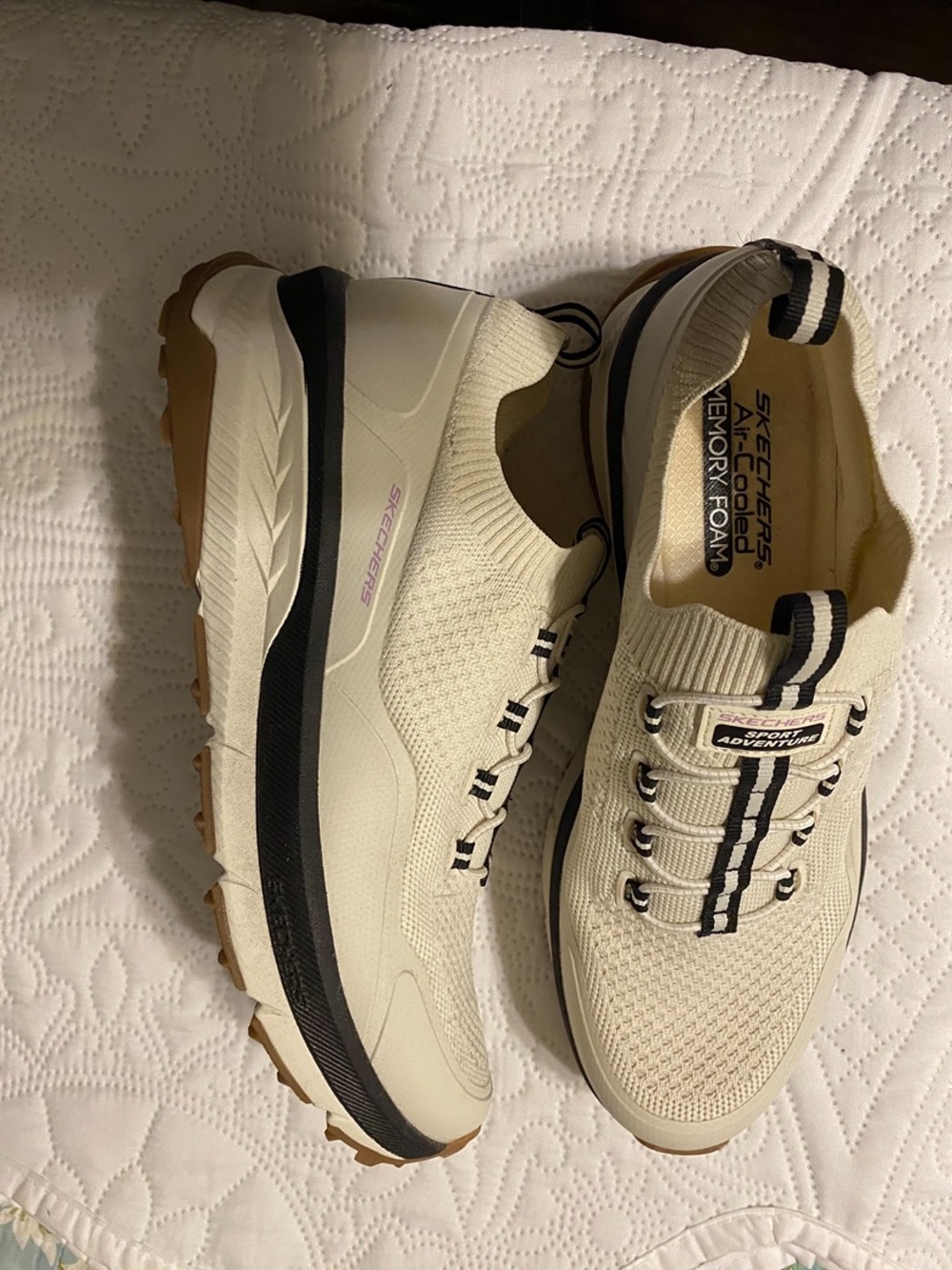Skechers Beige Knit Slip-On Adventure Sneakers with Black Accents